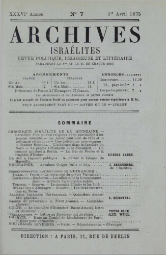 Archives israélites de France. Vol.36 N°07 (01 avr. 1875)